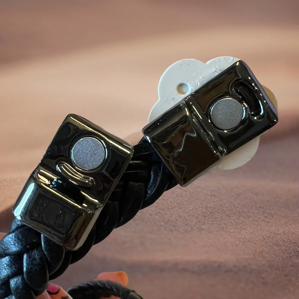 Black Braided Bracelet with Black & White Camellia Flower Charm - Picture 6 of 11